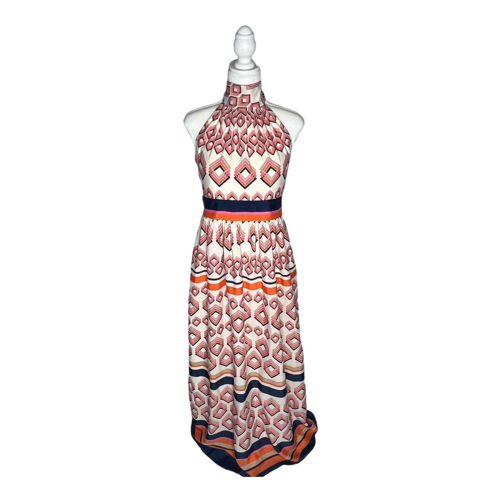 Eliza J Women Size 8 Cream Ivory High Neck Tie Halter geometric Long Maxi dress - Picture 9 of 15
